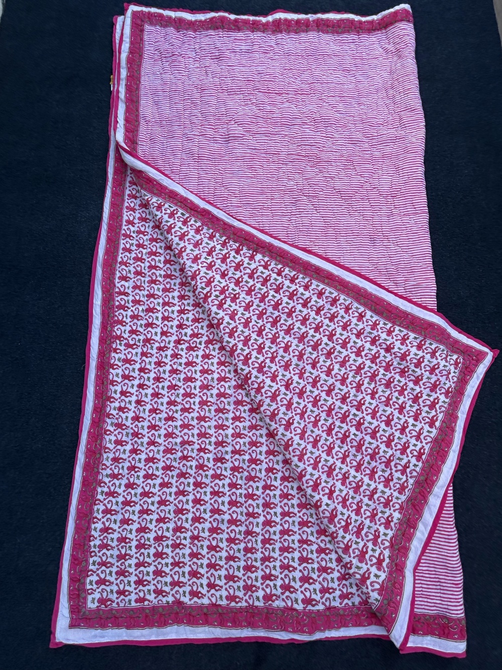 Roberta Roller Rabbit Pink Monkey & Stripe Block Print Cotton Quilt - Full Size - Picture 9 of 14